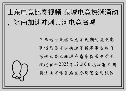 山东电竞比赛视频 泉城电竞热潮涌动，济南加速冲刺黄河电竞名城